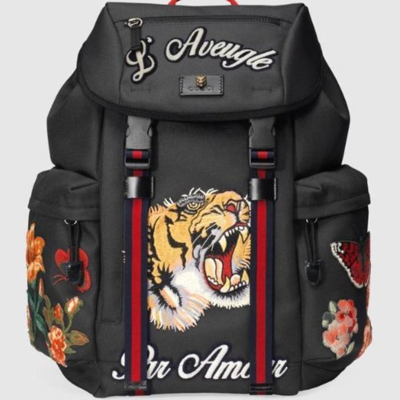 HOST PICK 🥳GUCCI Techno Canvas Web L'Aveugle Par Amour Embroidered Backpack NEW - Picture 1 of 9